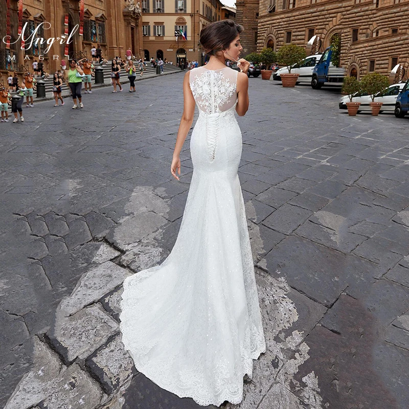 

MNGRL O-neck Simple Retro Wedding Dress 3D Flower Mermaid Sleeveless Bridal Dresses Tail Lace Wedding Gown Plus Size