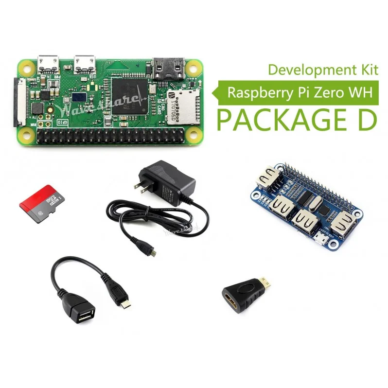 Raspberry Pi Zero WH (built-in WiFi, pre-soldered headers) Type D, Micro SD Card, Power Adapter, USB HUB, Basic Components