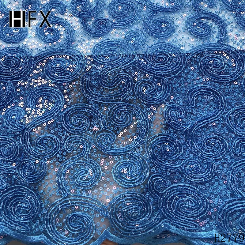 HFX последние Африканские кружева блестки кружевной ткани 5 ярдов/шт. Высокое качество Французский Кружева с цветными блестками для вечерние платья F2779