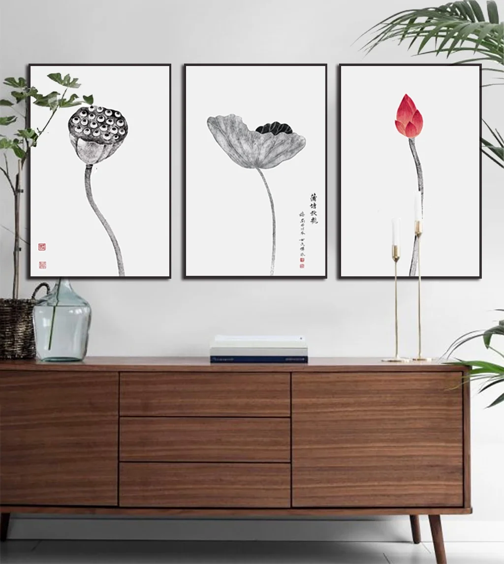 

Ink Painting Lotus Lotus Leaf Lotus Root Art Poster Home Wall Decoration Canvas Painting Living Room Bedroom Frameless Style