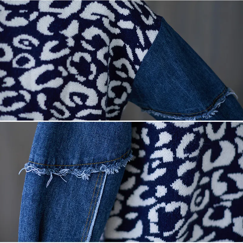 

Johnature 2021 Winter New Patchwork Denim Loose Women Sweater Casual O-neck Full Sleeve Print Female Sweaters