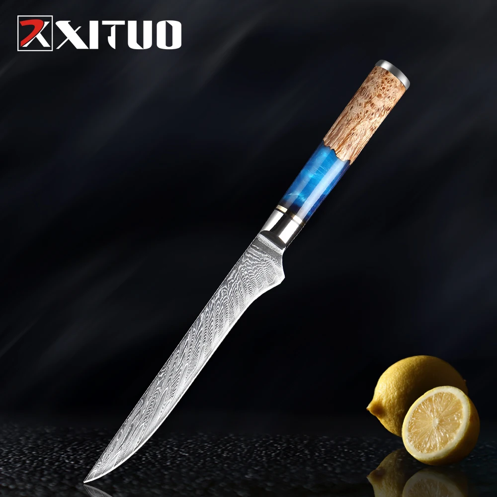 XITUO Damascus Steel VG10 Boning Knife Chef Knife Raw Fish Fillet Salmon Kitchen Knife Blue Resin Color Wood Handle Cooking Tool