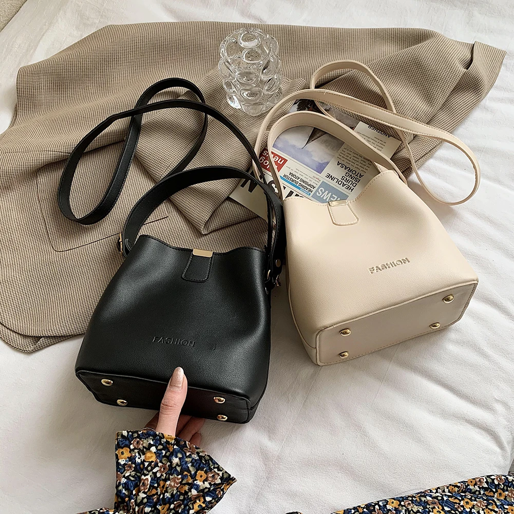 

Women Stylish Bucket Shoulder Bag Solid Color Tote Pouch Casual Handbags for Women Preppy Style Leisure Crossbody Bucket Bag