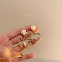 925 silver needle korean fashion freshwater pearl flower love earrings retro temperament design sense women
