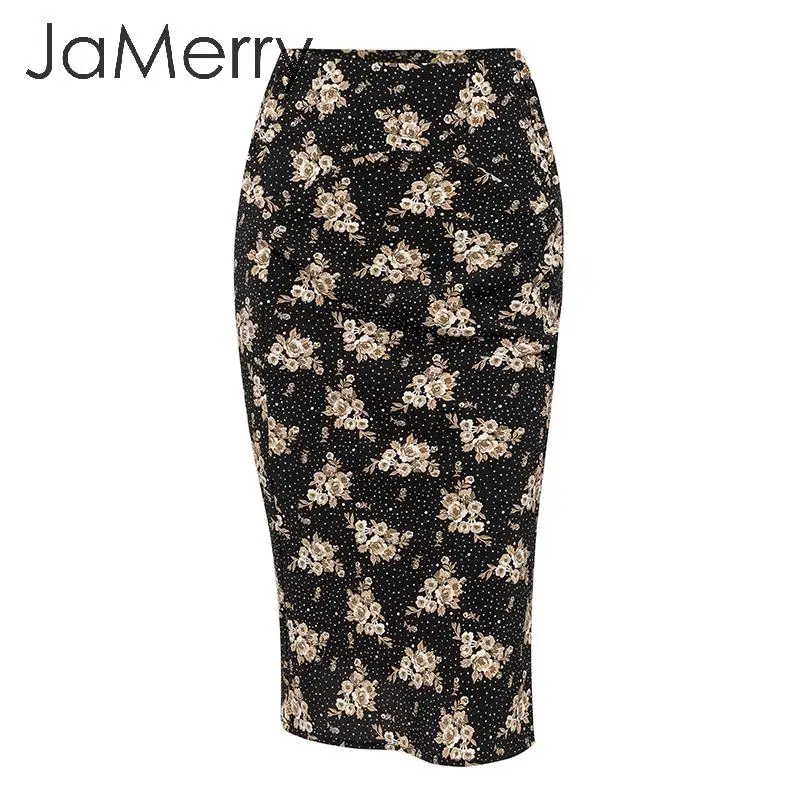 JaMerry винтажная юбка миди с цветочным принтом женская элегантная прямая на