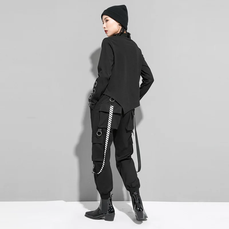 

Harajuku Patchwork Eyelet TShirt Women High Collar Plus Size Casual Black Streetwear Female Stitch Korean Harajuku Tops LT082S30