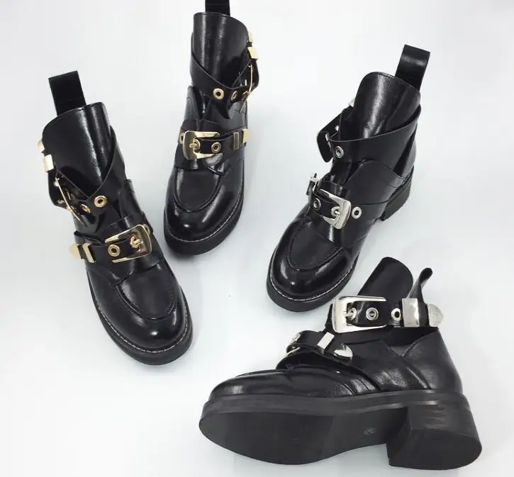 Осенние кожаные туфли с пряжкой ремешком обувь женские короткие сапоги|Женские