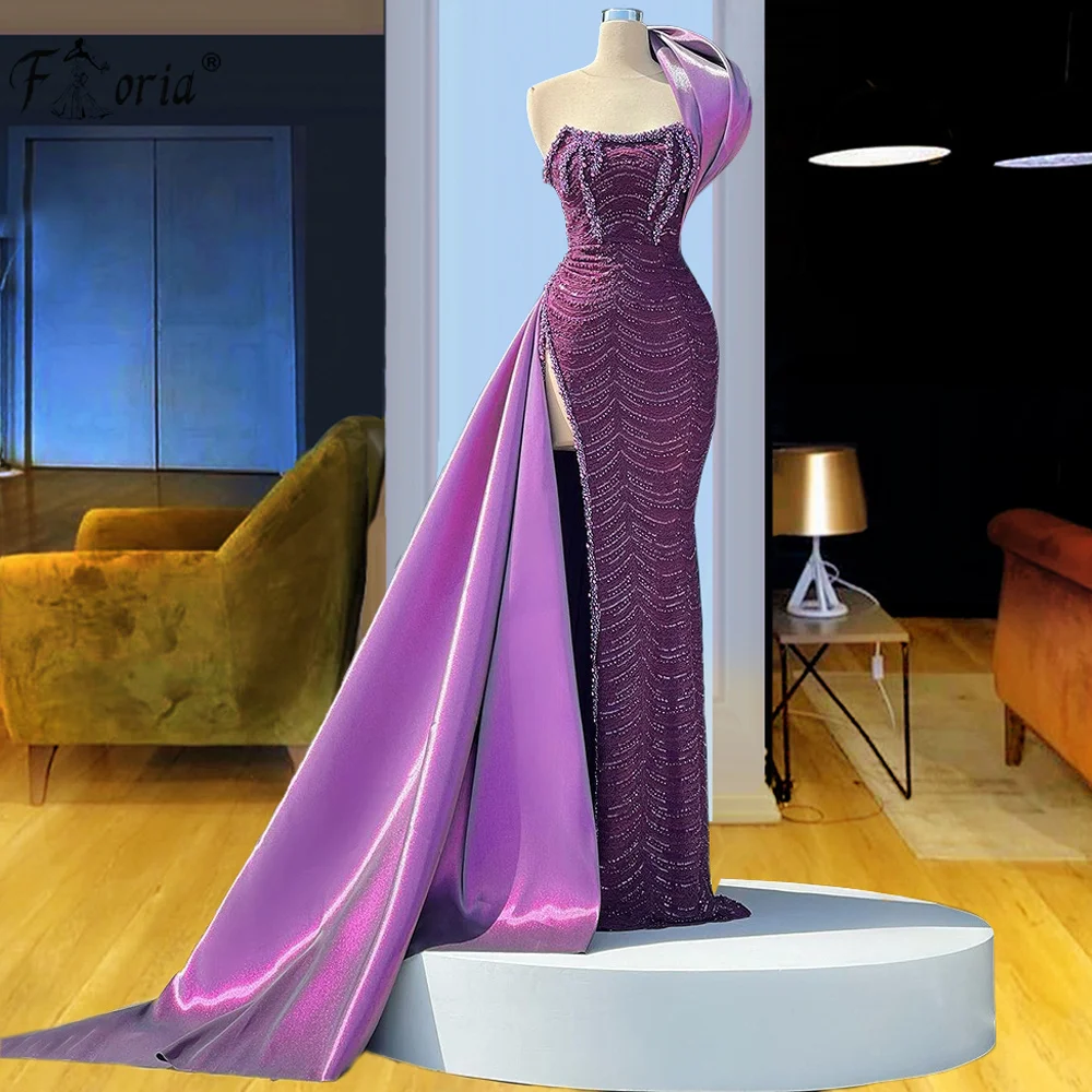 

Arabic Evening Dresses One Shoulder High Side Slit Mermaid Beads Long Purple Dubai Prom Gown Party Dress 2021 vestido de noche