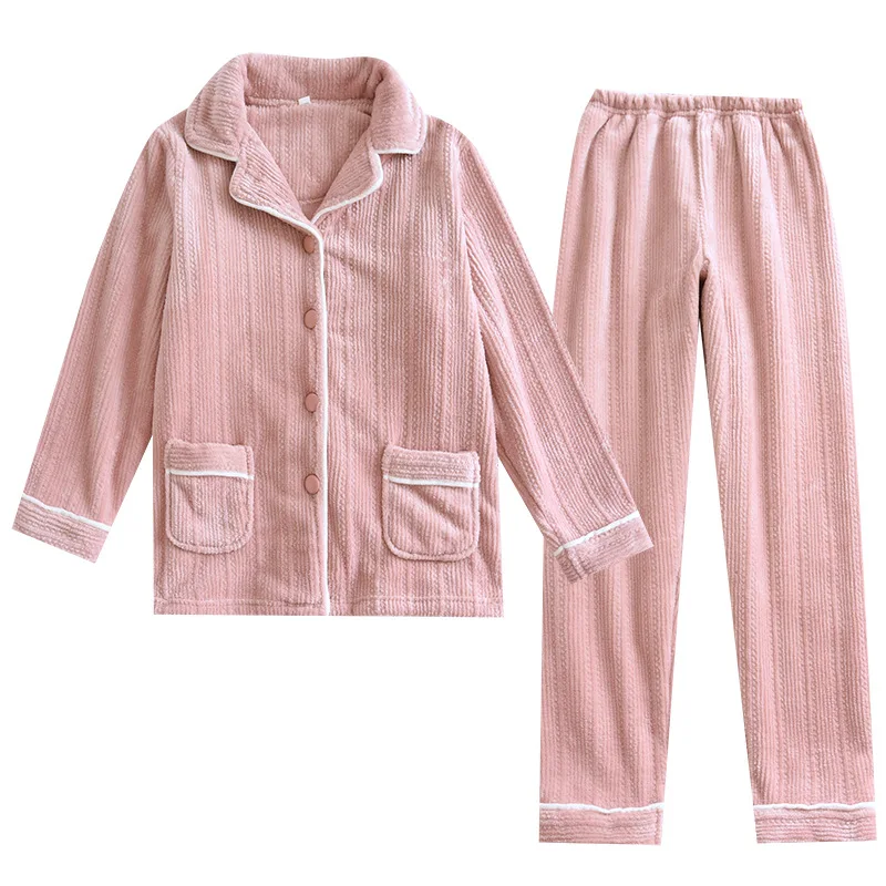 SR193 Winter Warm Pajama Set for Women Thick Velvet Home Flannel Sleepwear Couple Soft Plush Long Pant Men Nightwear Pajamas