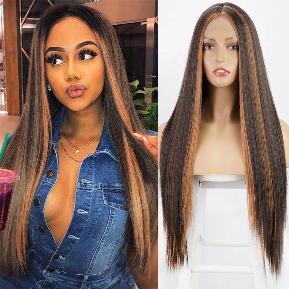 

I's a wig Synthetic Long Straight Wigs for Black Women Mix Brown Blonde Black Purple Wigs Middle Part Natural Looking Hairs