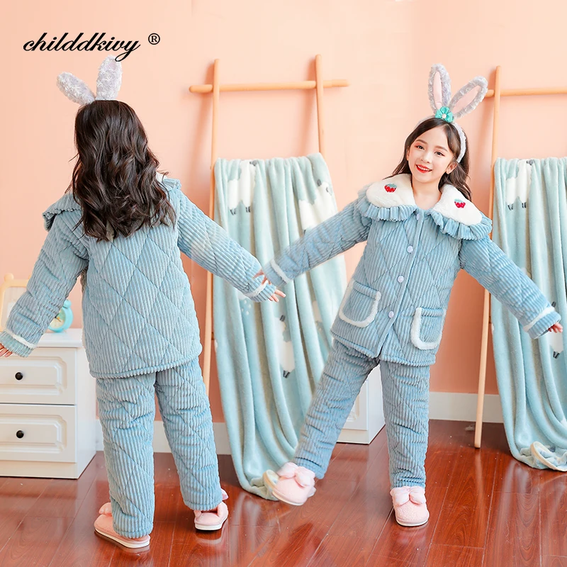 

Girl Pajamas Set Three-layer plus velvet Thicken Girls flannel pajamas soft warm Children's home wear clothing 3-12 year old