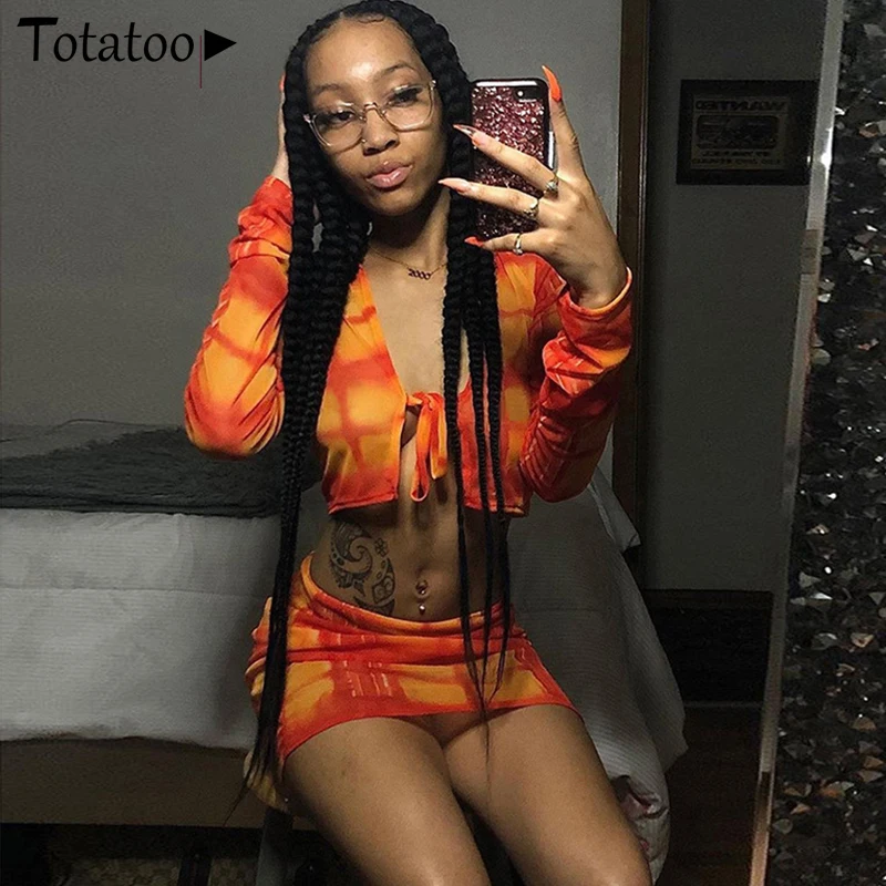

Totatoop Mesh Sheer Sexy Two Piece Set For Women 2021 Summer Tie Dye Print Crop Tops And Bodycon Skirt Outfit Clubwear Robe