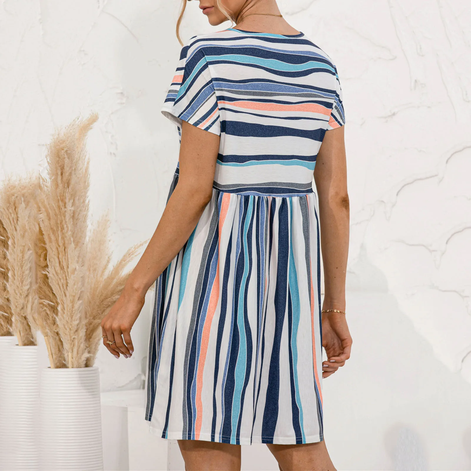 

40# Striped Button Women's Dress Sexy O-neck Mini Summer Dress Plus Size Casual Sundress Elegant Loose Dresses For Women 2021
