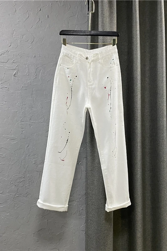 

White Denim Jeans for Women Spring 2021 Summer Fashionable High Waist Wide Leg Denim Pants Female Splash Paint Mop Trousers