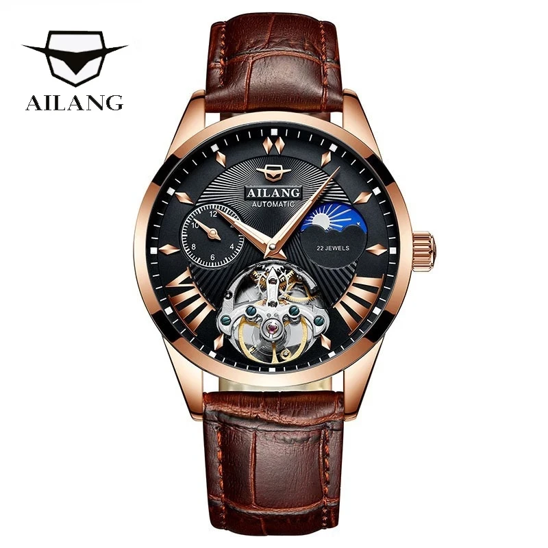AILANG Men's Moon Phase Display Perspective Hollow Fully Automatic Mechanical Watch Wrist Calendar Pointer Tourbillon Leather