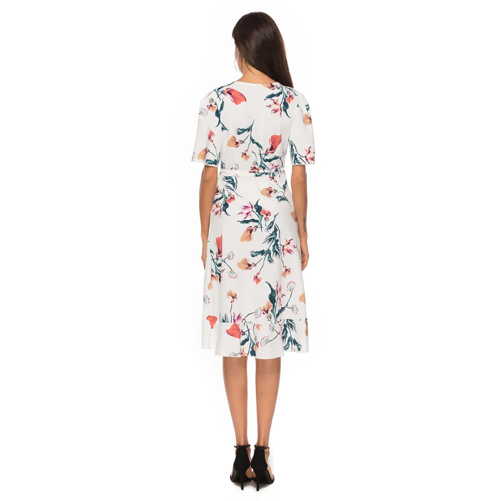 

Sexy V Neck Women Wrap Dress Summer Short Sleeve Ruffles Chiffon Dresses Female Casual Lace-Up Holiday Beach Sundress