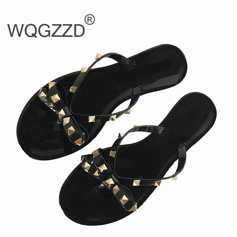 2019 европейские летние новые модные с заклепками и бантом на плоской подошве