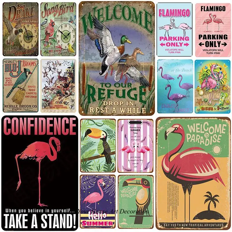 

Flamingo Parrot Bird Tin Sign Plaque Metal Plate Vintage Metal Wall Art Poster Iron Painting Signs Home Bedroom Decoration