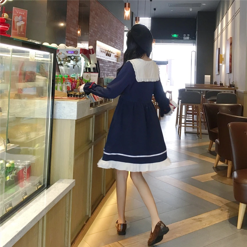 

Girl Cartoon Blue White Sailor Collar Dresses School Uniform Girls Preppy Cute Tie Short Sleeve Casual Dress