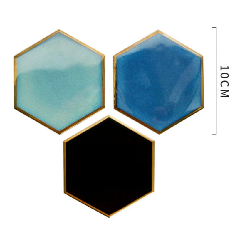 

Ceramic Coaster Cup Mat Kitchen Drink-ware Insulation Pad Anti-Scalding Household Hexagonal Gold-rim Design Tea Tray