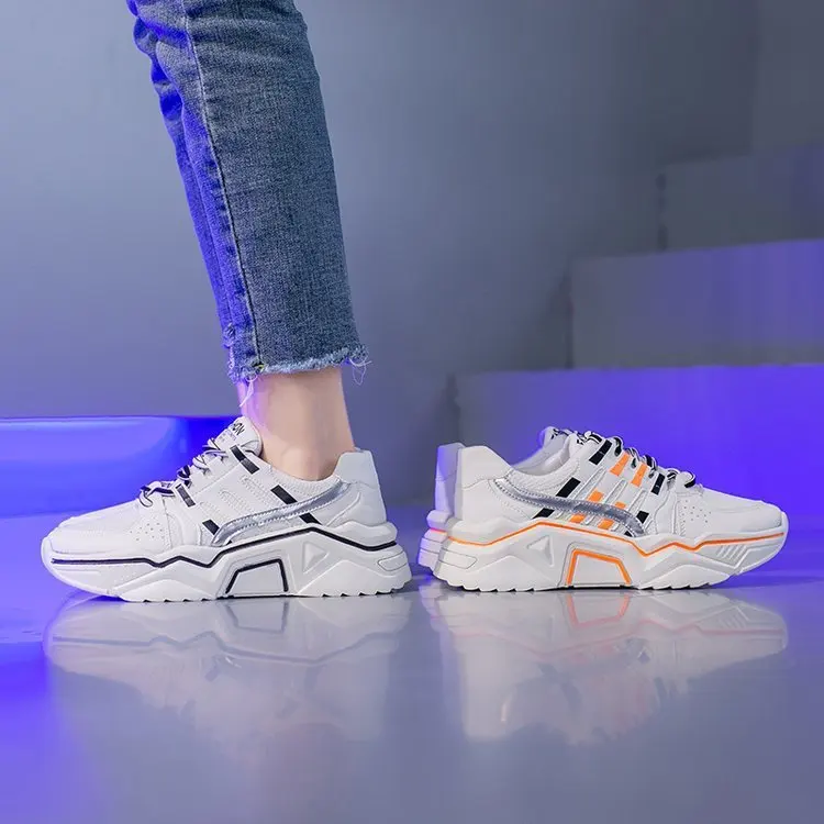 Женские белые кроссовки для папы блестящая Лоскутная обувь на массивной