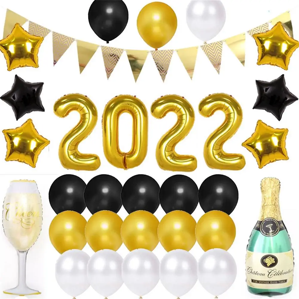 

2022 Золотая Модель 2022, новогодние праздничные украшения, винная бутылка, бокалы для вина, украшения воздушных шаров, новогодние баннеры 2022 го...
