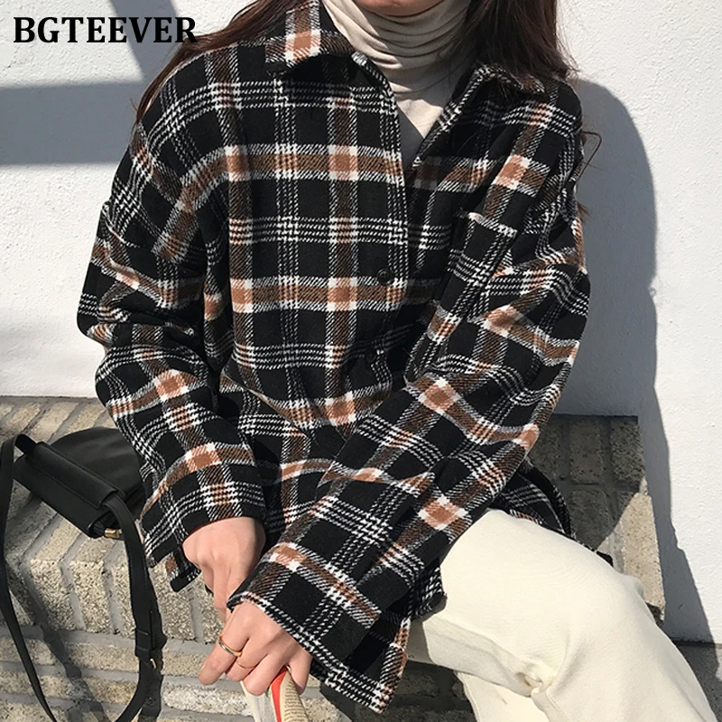 BGTEEVER Ретро стиль большой размер клетчатая куртка для женщин отложной воротник