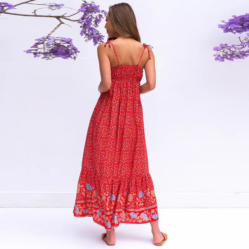 

2020 Bohemian Style Women Print Long Dress Elegant Casual V-neck Spaghetti Straps Loose Dress