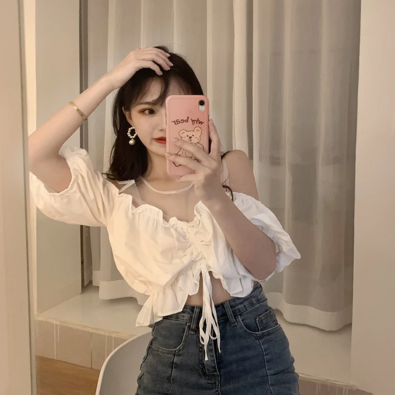 

Fake 2 Pieces Mesh Patchwork Women Blouses Strapless Shirring White Cropped Tops Fairy Sweet Girls Short Sleeve Clothing Female