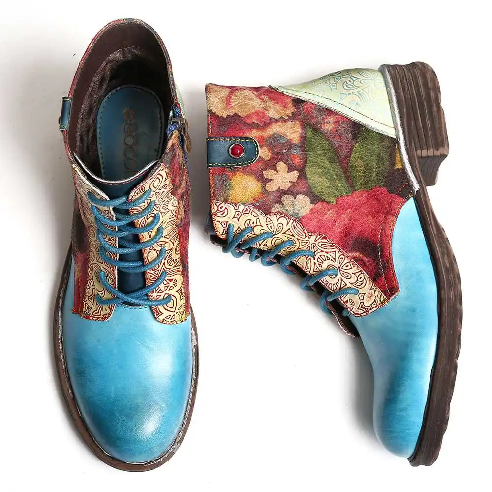 SOCOFY/Botas Mujer; ботинки с цветочным узором из натуральной кожи на молнии; короткие ботинки на плоской подошве со шнуровкой; женская обувь; женская зимняя обувь