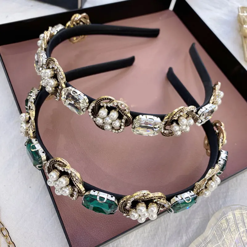 

Crystal Head Hoop Bling Baroque Rhinestone Headbands Alloy Pearls Hair Hoop Bridal Wedding Luxury Geometric Hair Accessories