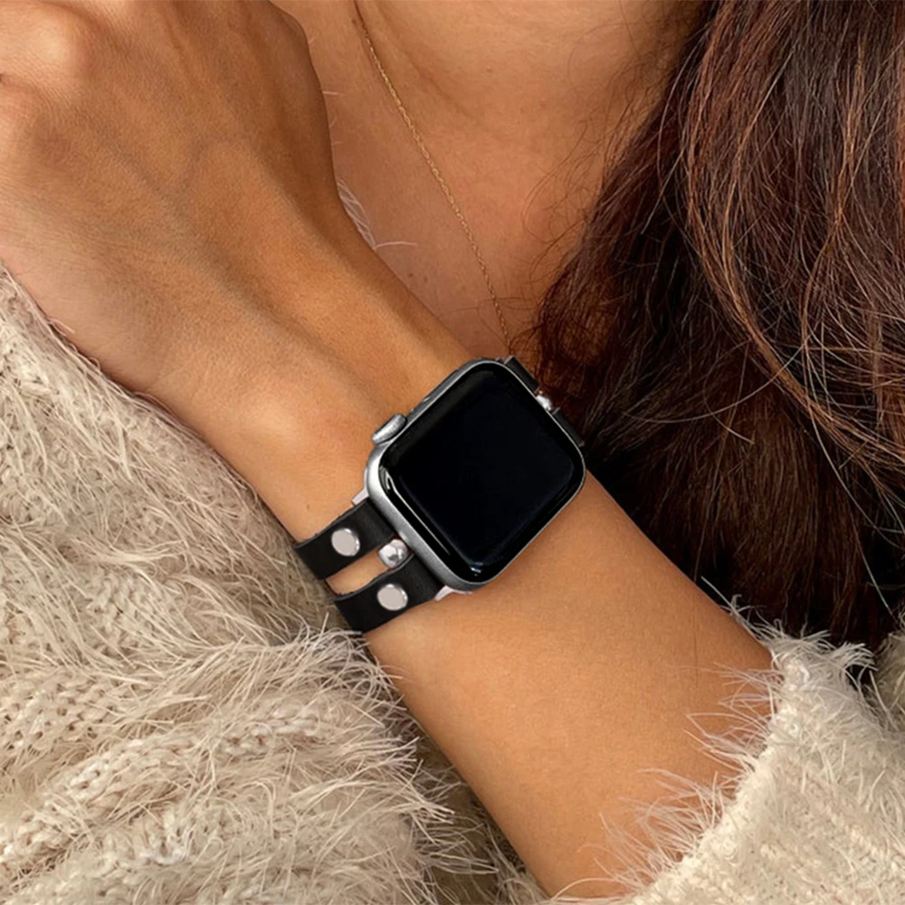 

Кожаный ремешок для Apple Watch Band 40 мм 44 мм 42 мм 38 мм, серебристый женский браслет для iWatch, ювелирные изделия, умные часы, браслет
