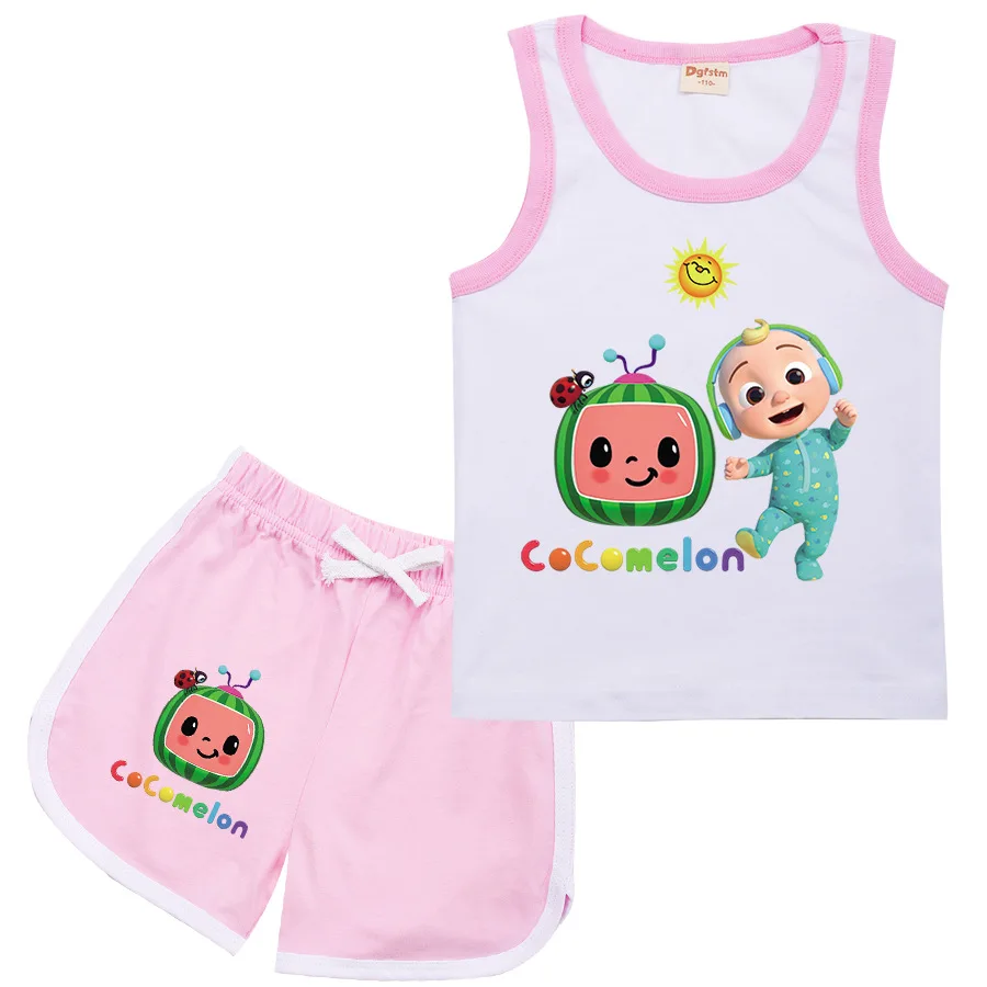 Children's Leisure Sports Suit Baby Boy Cartoon Cocomelon Summer Clothes Kids Girl Sleeveless Vest + Watemelon Pants 2pcs Suits
