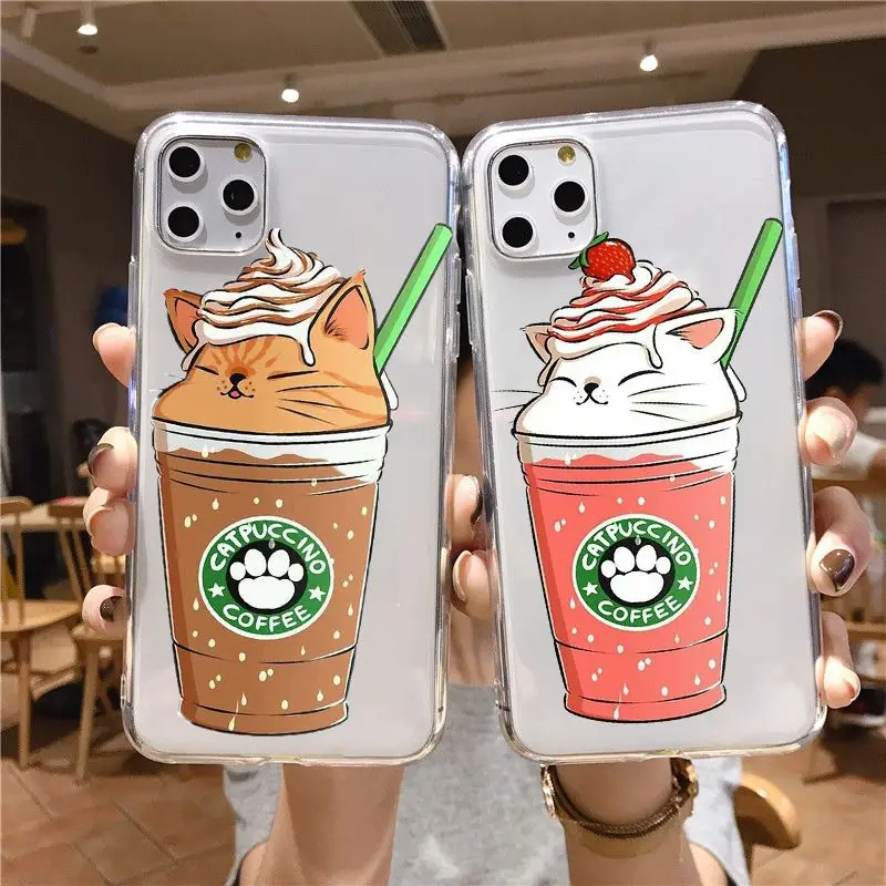 Мультяшный чехол для iPhone 11 12Pro Mini 6 7 8Plus X MAX XR кофе еда кошка собака кавайные чехлы |