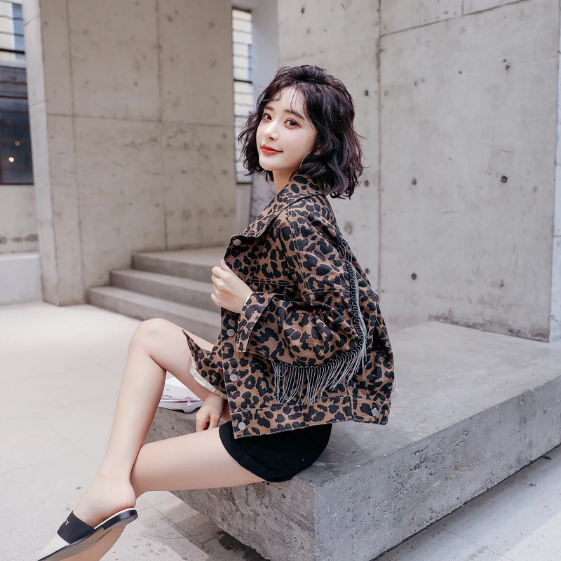 

Bat sleeve back fringed denim jacket female spring and autumn Korean version loose bf wind leopard student short jacket