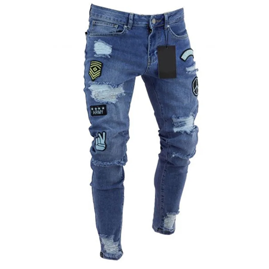 

Men's Ripped jeans Badge Letters Hip-hop Skinny Jogging Denim Fashion Pencil Long Trousers Distressed Jeans For Men Clothing