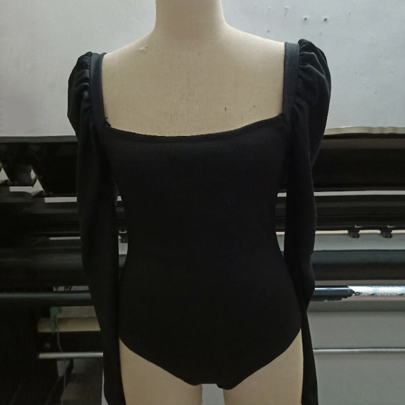 

Spring Sexy Slim Women Long Sleeve Bodysuit Solid Color Puff Sleeve Square Collar Stretchy Jumpsuit RomperseE