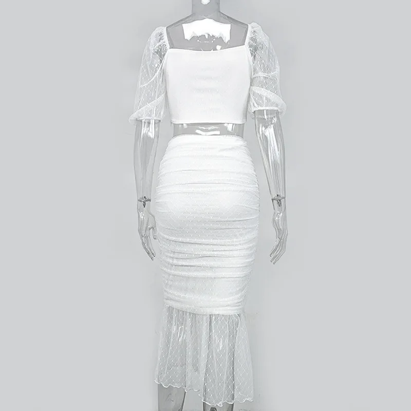 

Summer New Sexy Perspective Dress Suit Polka Dot Net Yarn Bubble Sleeve Pleated Dress Two-piece Suit