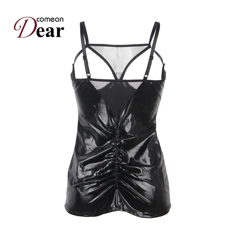 Comeondear RA70338 Plus Size Black Open Cup Leather Sexy Chemise Lingerie Crotchless Robe Erotique Nightgowns | Тематическая одежда