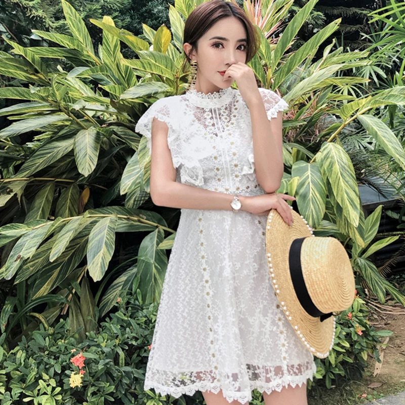 

Женское праздничное пляжное мини-платье, новое летнее кружевное лоскутное Сетчатое праздничное платье с оборками, ажурное платье высокого качества, 2020