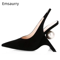 novelty pearl decor fretwork heel party shoes back strap pointed toes black suede strange heels spring summer women pumps