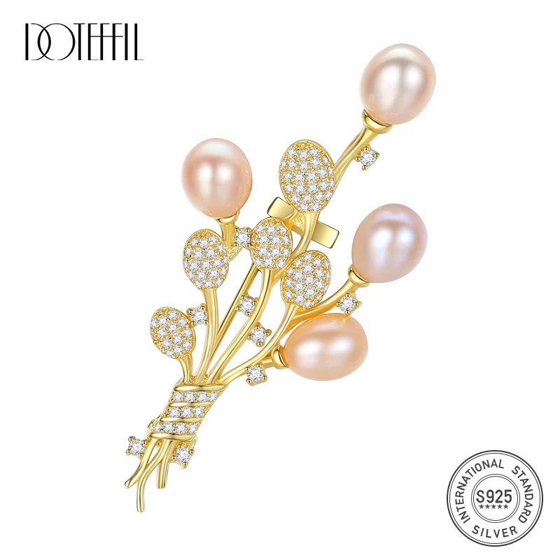 

DOTEFFIL 925 Sterling Silver AAA Zircon Pearl Flowers Gold Brooch For Woman Fashion Wedding Engagement Party Charm Jewelry