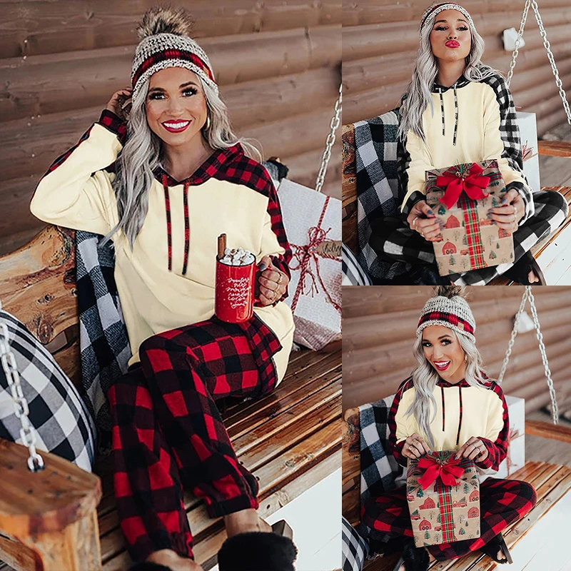 Autumn 2 Pieces Suit Set Female Plaid Long Sleeve Hooded Pullover+ Long Pants for Spring Fall Black Red