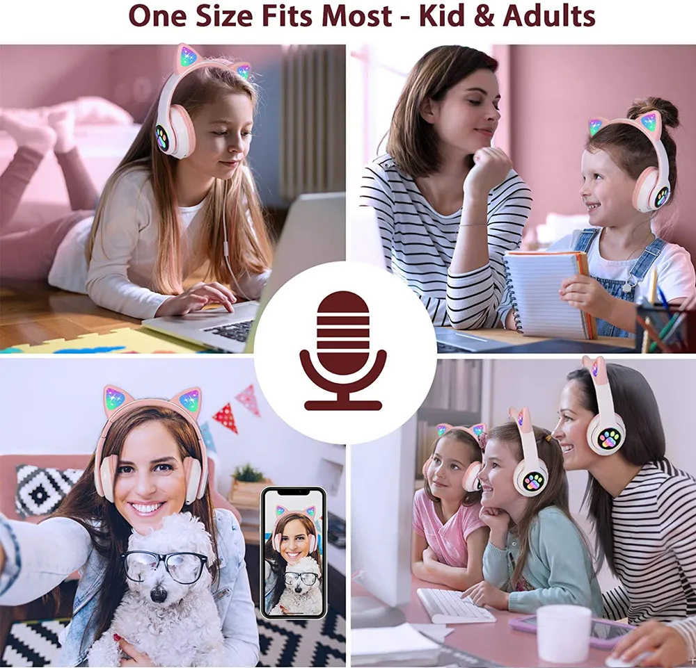 Cute Cat Ears Bluetooth LED Wireless Headphones with Mic Can control Kid Girl Stereo Music Helmet Phone Headset Gift | Электроника