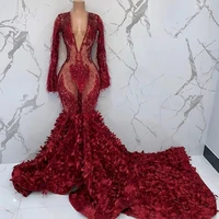 sexy plunging v neck sheer mermaid 3d leaf prom dresses full sleeves feather beaded lace long prom gowns fashion formal dress