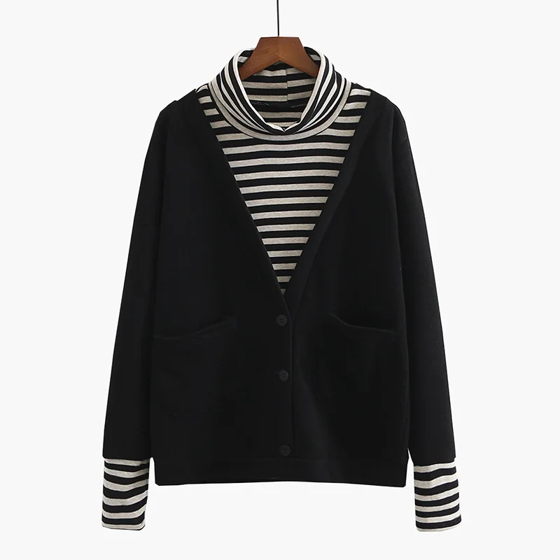 

Plus Size Women's High Collar Hoodies Autumn Winter False Two Pieces Striped Sweatshirts Casual Patchwork
