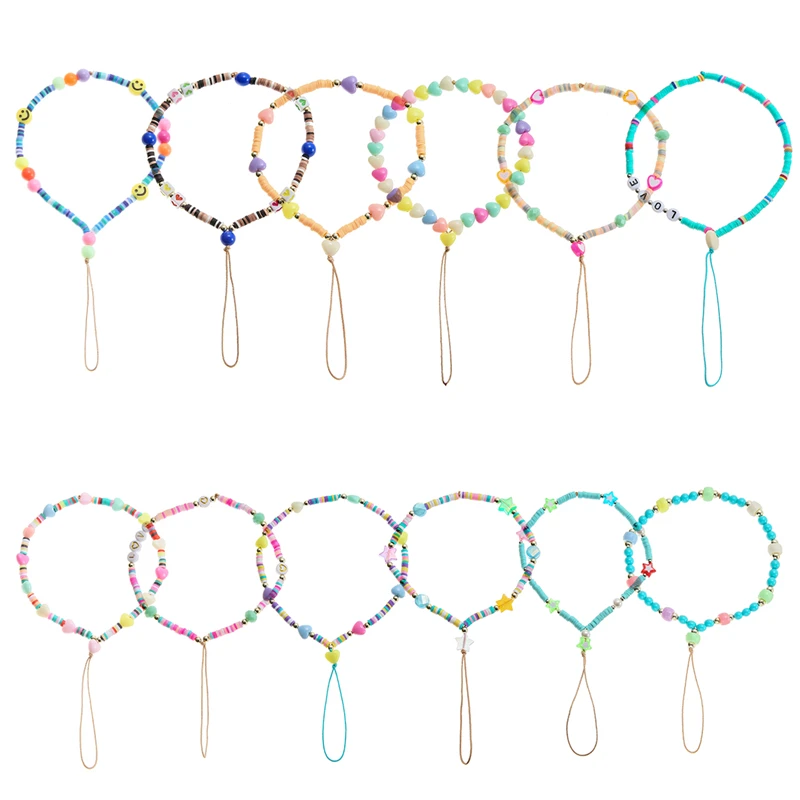 

Colorful Chains Lanyard Resin Soft Pottery Heart Star Round Beads Phone Chain Strap Bracelet for Women Mobile Phone Hanging Rope
