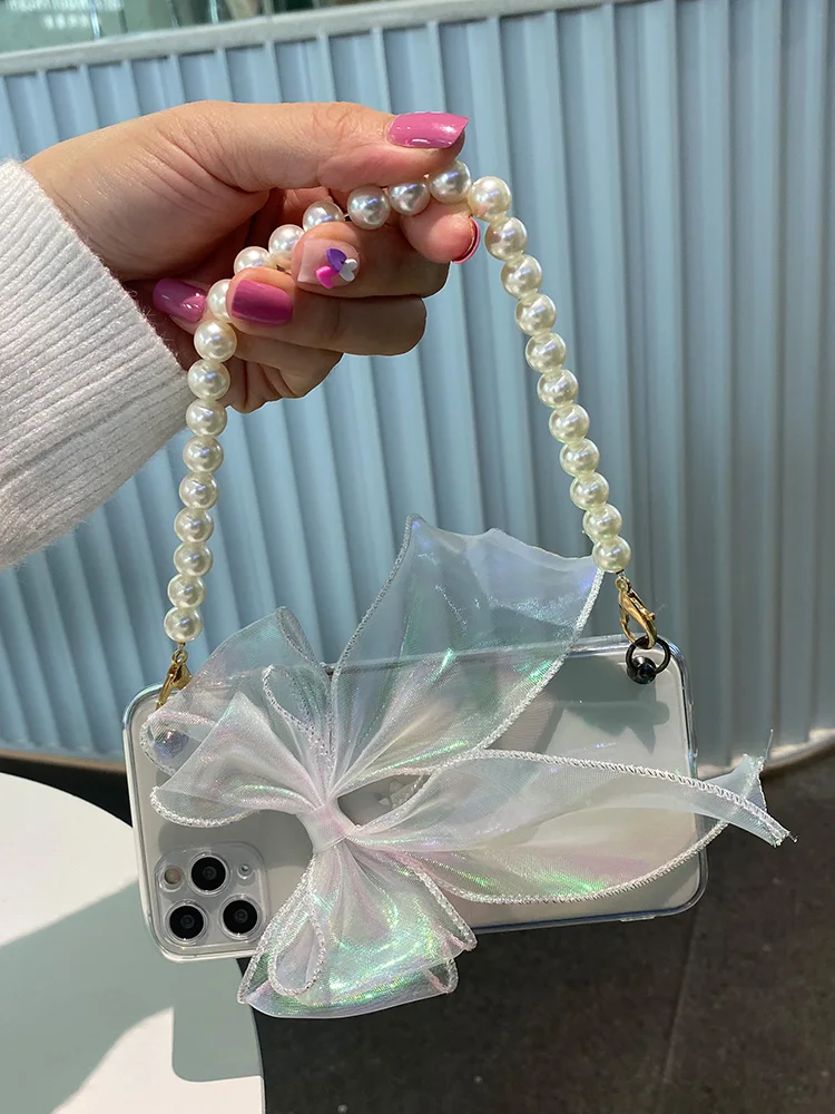 

Laser Chiffon Bow Phone Case For iphone 12 mini 11 pro Max X XS XR 6 7 8 Plus SE 2020 Pearl Bracelets Chain Silicon Soft Cover