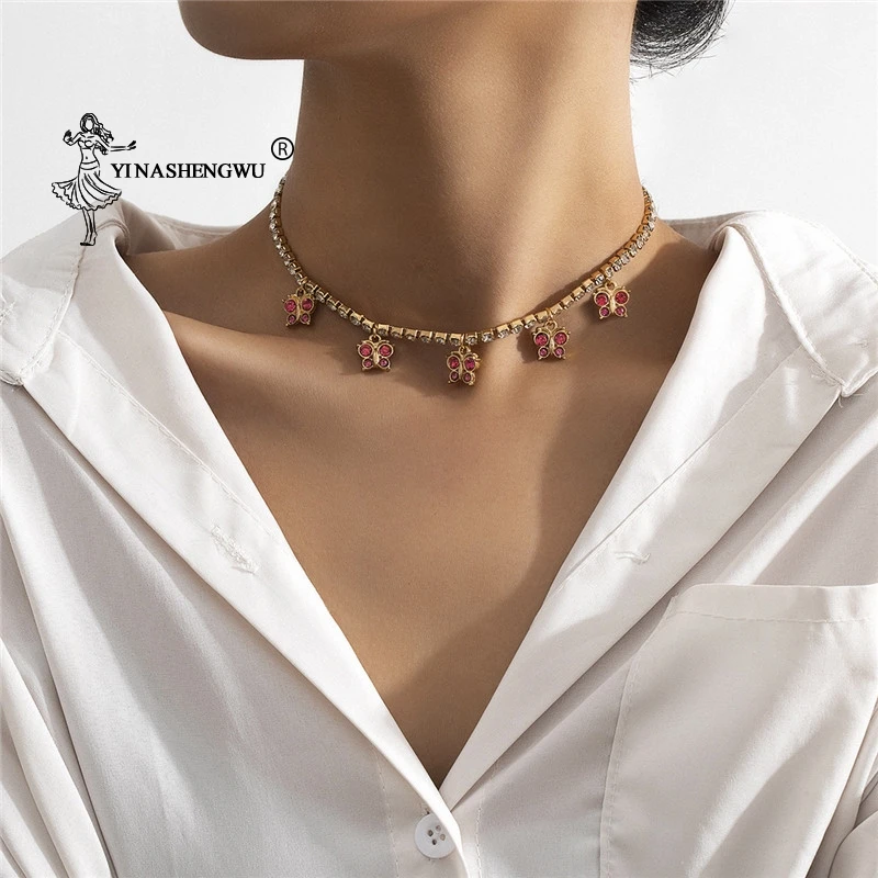 

Новое ожерелье Стразы с подвеской-бабочкой, модное ожерелье с подвеской, ожерелье с цепью для тенниса, хрустальное украшение в стиле хип-хоп...