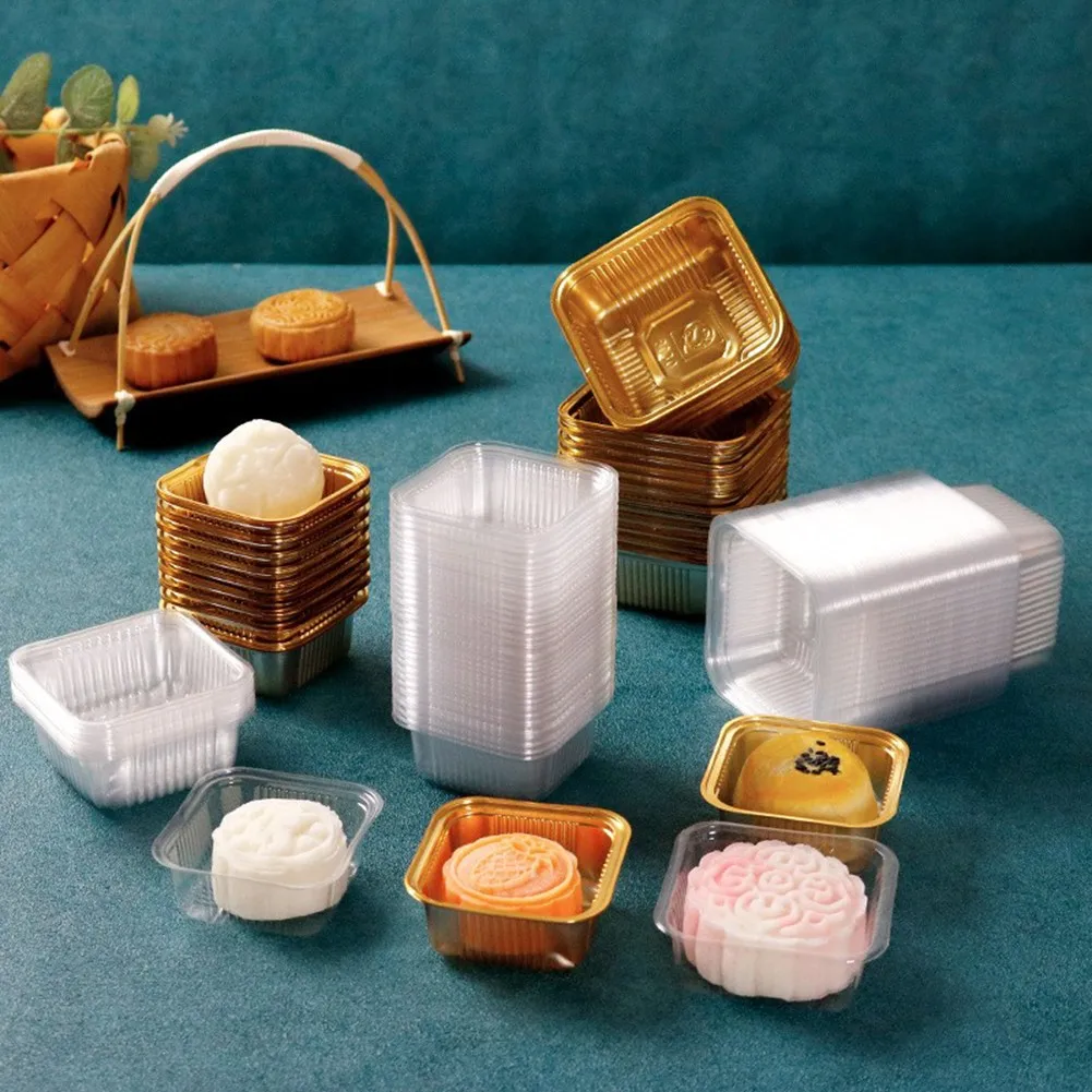 

100Pcs Plastic Square Moon Cake Trays Mooncake Packaging Box Pastry Decorative Accessories Cake Box For Egg-Yolk Puff Boxes